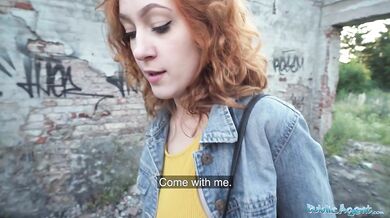 Sexy redhead waitress sucks cock and gets fucked doggystyle outside in public