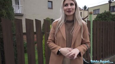 Cute blonde flashes her perky titties for cash and fucks huge cock in a basemant