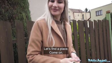 Cute blonde flashes her perky titties for cash and fucks huge cock in a basemant