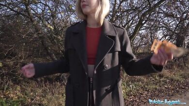 Hot blonde is caught pissing in the woods and takes cash for sex with big cock