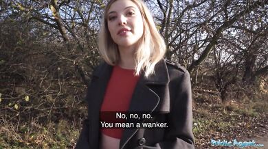 Hot blonde is caught pissing in the woods and takes cash for sex with big cock