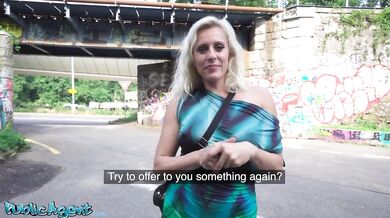Blonde MILF with natural tits and nice pussy flaps fucks outdoors in a public park