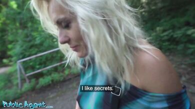 Blonde MILF with natural tits and nice pussy flaps fucks outdoors in a public park