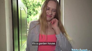 Nikki Riddle taken to a garden shed and has her wet pussy fucked by a huge cock