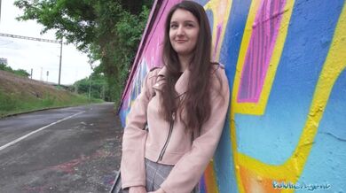 Very cute college teen art student with natural tits studies a big dick outdoors