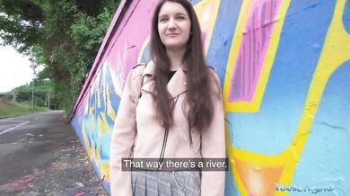Very cute college teen art student with natural tits studies a big dick outdoors