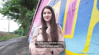 Very cute college teen art student with natural tits studies a big dick outdoors