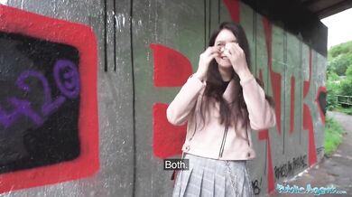 Very cute college teen art student with natural tits studies a big dick outdoors