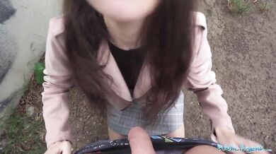 Very cute college teen art student with natural tits studies a big dick outdoors