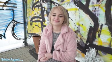 Short hair blonde amateur teen with soft natural body picked up as bus stop