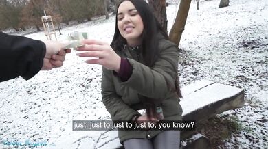 Spanish Brunette Flashes Big Natural Tits In The Snow