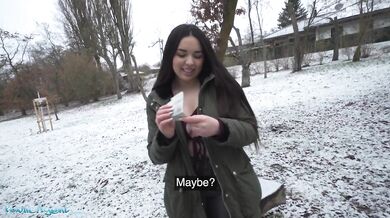 Spanish Brunette Flashes Big Natural Tits In The Snow