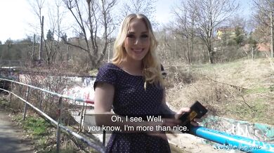 Horny blonde flasher gets her pussy creampied in a tunnel