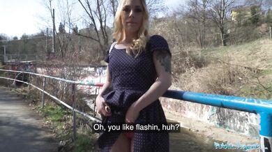 Horny blonde flasher gets her pussy creampied in a tunnel