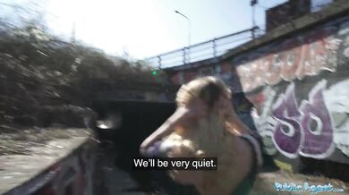 Horny blonde flasher gets her pussy creampied in a tunnel