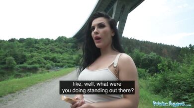 Hitch-hiker with fabulous big boobs fucking a big dick for money