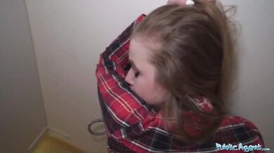 Nervous looking woman sucks and fucks cock through a gloryhole