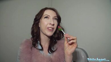 Chanel Kiss sucks cock before being bent over in public toilets for sex