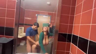 Busty hottie fucks hard in public toilet