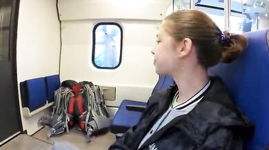 Swallowing cum after blowjob in public train!