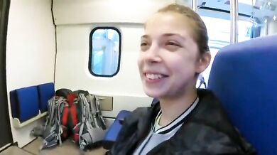 Swallowing cum after blowjob in public train!