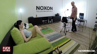 Secretary with big cleavage saves her job