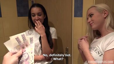 Two babes fuck for money in foursome