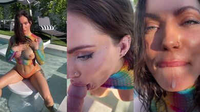 Brunette Gives A Messy Blowjob By Poolside