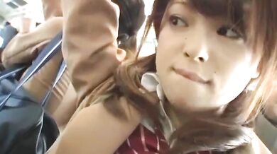Teen student gets excited on a crowded bus!