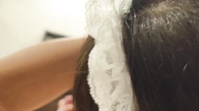 Japanese model blowjobs and footjobs in sexy maid suit