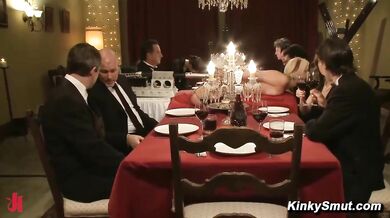 Blonde Endures Rope Bondage And Group Play At A Dinner Party