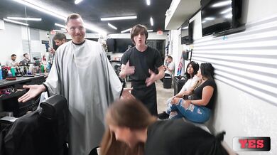 Cleaning lady takes care of horny man in barber