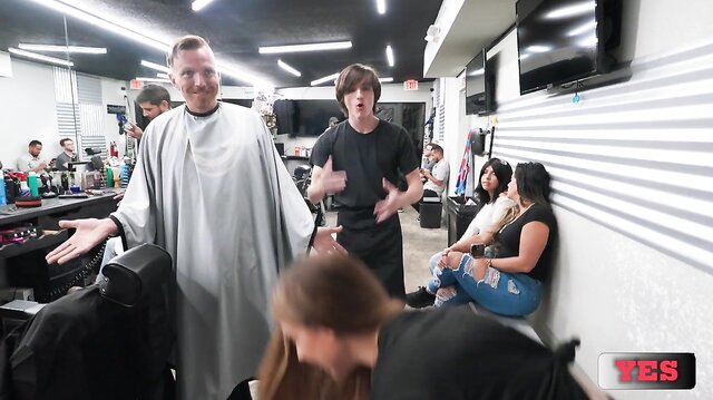 Cleaning lady takes care of horny man in barber