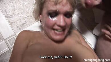 Chunky Young Blonde Takes On A Czech Gangbang