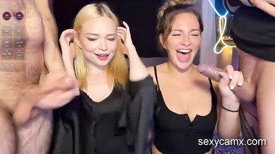 Russian Blonde And Brunette Take A Hard Foursome With Blowjobs