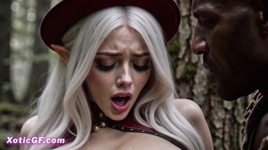 Busty Elf Red Riding Hood Sucks And Rides A Huge Black Cock In The Woods