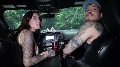 Sara Blonde Rides A Tattooed Stud On The Hood Of A Car Outdoors
