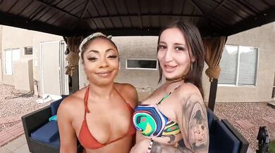 Two Tattooed Bikini Babes Share One Cock In A Poolside Threesome