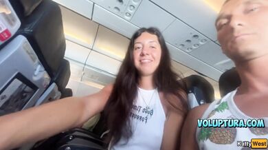 Brunette Gives A Handjob And Blowjob On A Plane