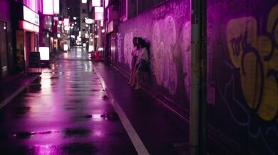 Three Streetwalkers Tease A Shy Man In An Alley