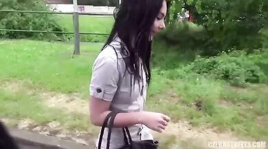 Czech brunette fucked by agent in public for money