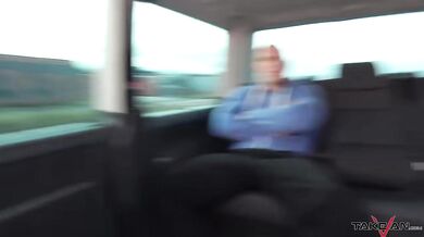 Redhead Jessica rides cock in Takevan