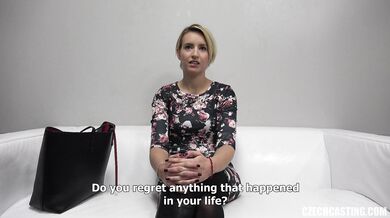 Short-haired blonde amateur fucks on camera for the first time