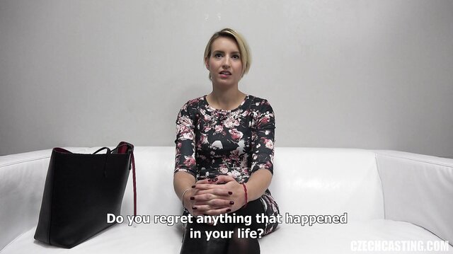 Short-haired blonde amateur fucks on camera for the first time