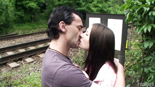 Busty Czech brunette Kattie Gold fucks in public with two guys
