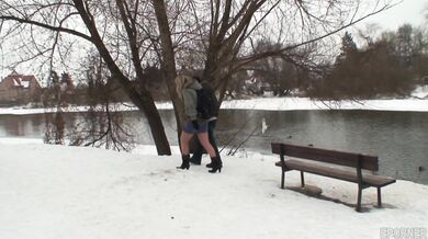 Old guy fucks blonde nymph Samantha Jolie outside in winter