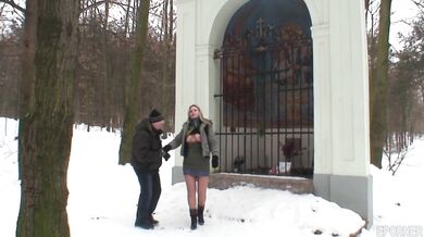 Old guy fucks blonde nymph Samantha Jolie outside in winter