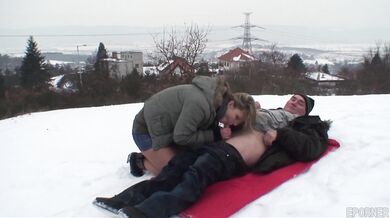 Old guy fucks blonde nymph Samantha Jolie outside in winter
