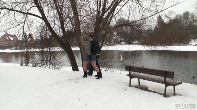 Old guy fucks blonde nymph Samantha Jolie outside in winter
