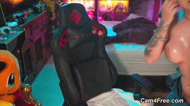 Tattooed girl masturbates on chair